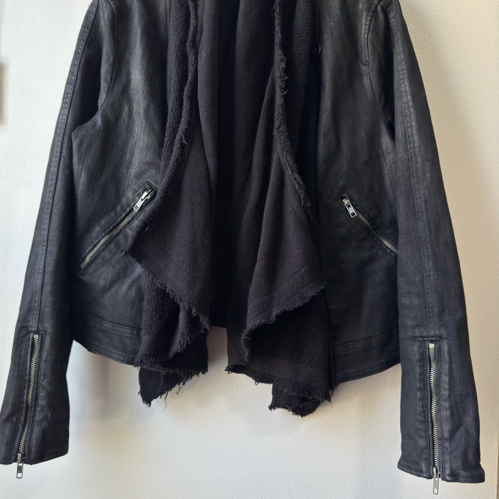 Free People Drape Front Coated Denim Moto Mixed Media Black Leather Jacket Sz 12 - Picture 10 of 11